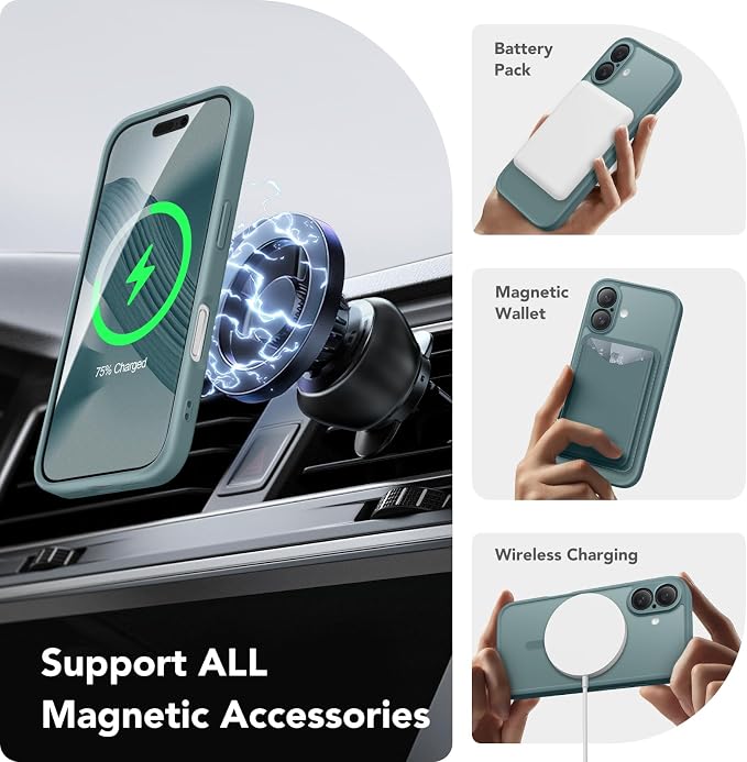 CAPRARO for iPhone 16 Case, Compatible with MagSafe | Upgraded [Full Camera Protection] Protective Translucent Matte Women Girl Magnetic Phone Case Cover, Feiquan Green - Image 3