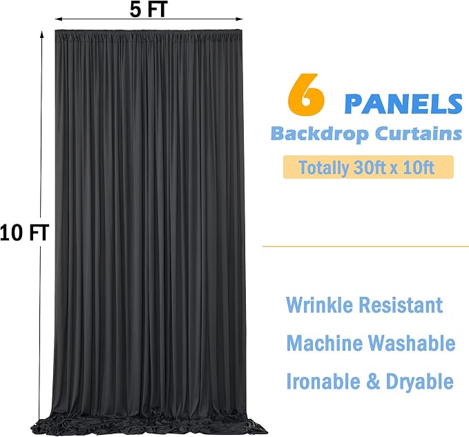 30ftx10ft Wrinkle Free Black Backdrop Curtain for Parties, 6 Panels 5x10ft Silky Polyester Photo Backdrop Drapes Back Drop Cloth Drapery for Wedding Birthday Photography Background - Image 4