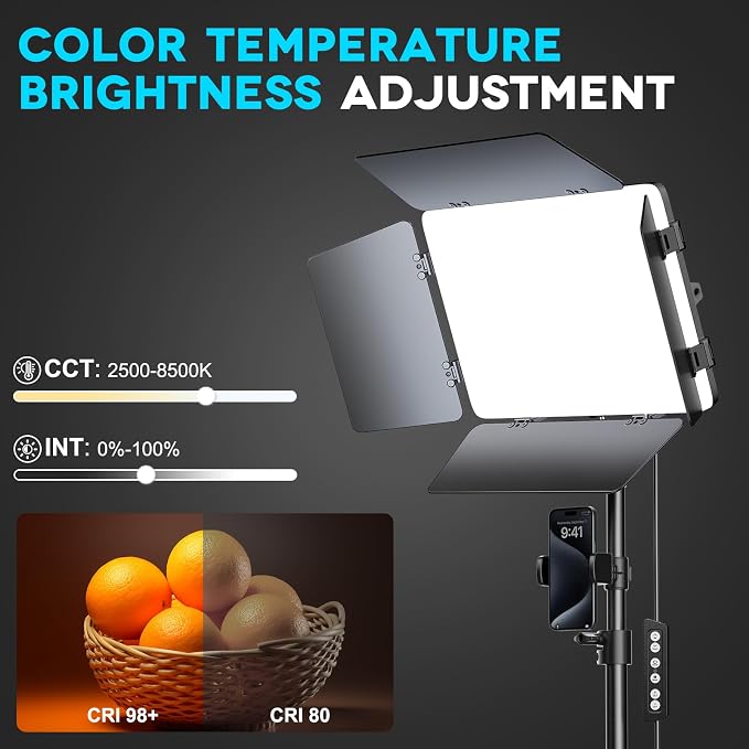 2 Pack LED Video Light Kit 79'' Tripod Light Stand, 30W 3000Lux Photography Light with Barndoor, CRI 98+ 2500K-8500K Studio Lights Panel Podcast Lighting for Video Recording/Game Live Streaming - Image 4