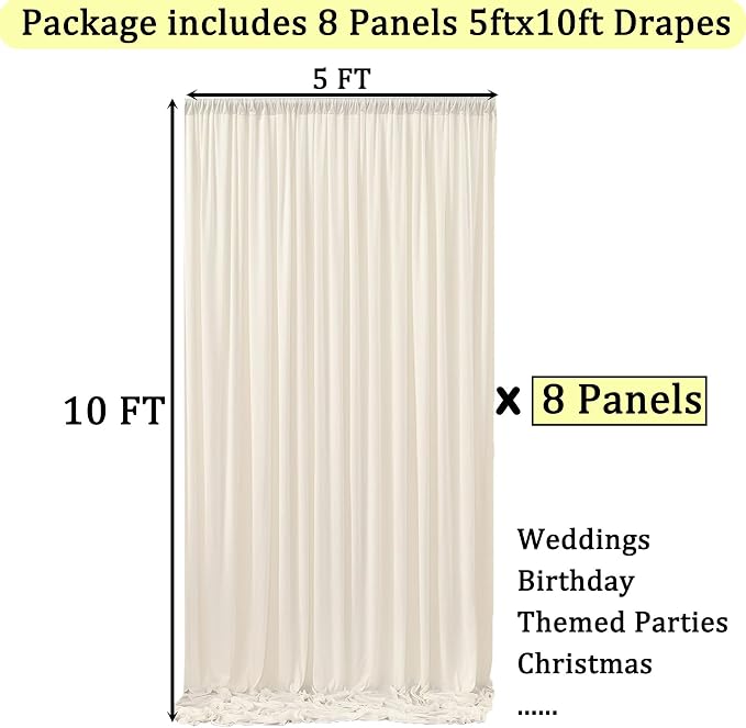 40ft x 10ft Wrinkle Free Ivory Backdrop Curtains for Parties, 8 Panels 5x10ft Polyester Ivory Backdrop Drapes for Wedding Birthday Photography Background Decoration - Image 6
