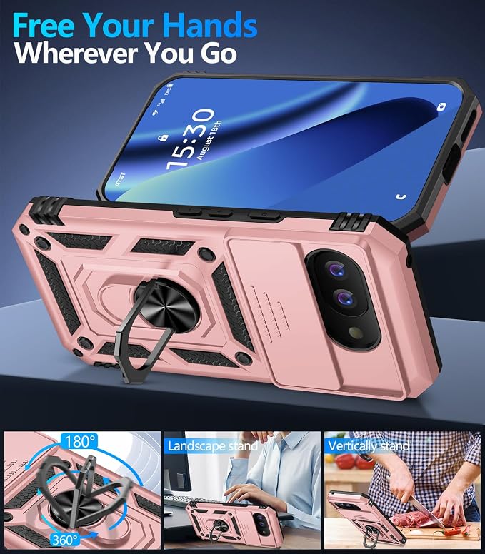 Taisairu for Google Pixel 10A Case with Screen Protector & Slide Camera Lens Cover,Built-in 360°Rotate Magnetic Ring Stand Shockproof Protective Phone Case for Google Pixel 10A Case (Rose Gold) - Image 3