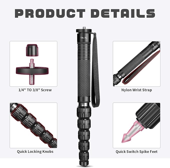 TONYBOO 68.5” Aluminum Camera Monopod,Lightweight & Portable, 5-Section Travel Monopod, Max Load 40 lbs for DSLR/Mirrorless Cameras, Camcorders, Compatible with Canon Nikon Sony - TA-7L - Image 3