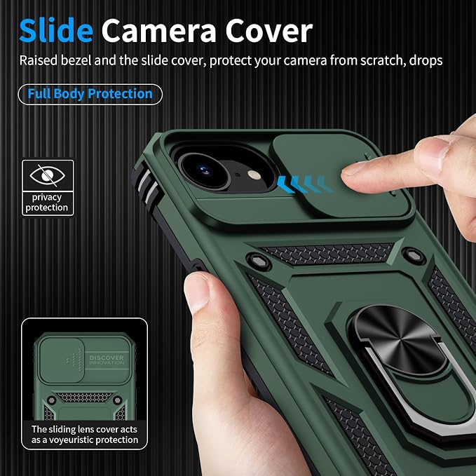 for iPhone 17e Case & iPhone 16e Case with 2X HD Screen Protector & Slide Camera Cover & Rotated Ring Kickstand, Rugged Heavy Duty Protective Phone Case for iPhone 17e/16e 6.1", Pine Green - Image 4