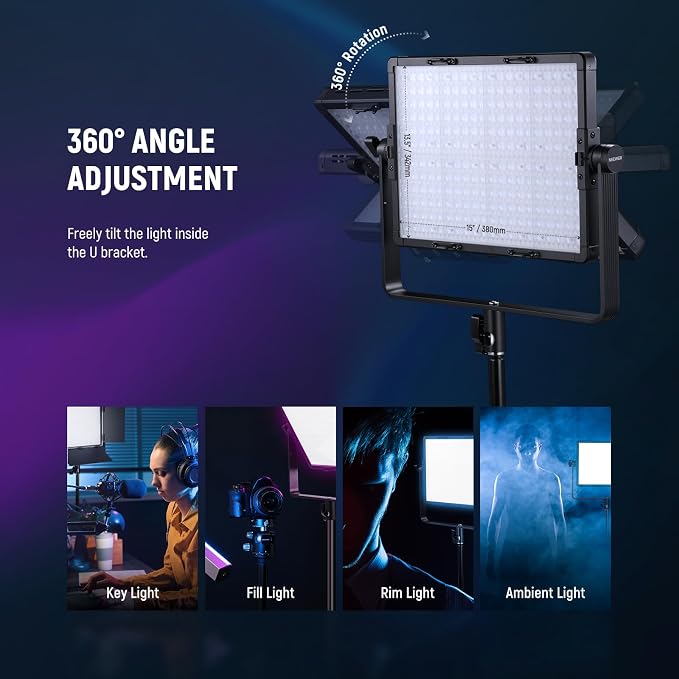 NEEWER 2 Pack PL60C RGB LED Panel Video Light Kit with 6.6ft/2m Spring Cushioned Tripod Stands/Bag, APP/2.4G/DMX Control, 60W 2500-10000K Pro Photography Studio Recording Streaming Key Lighting - Image 8