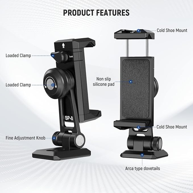 NEEWER Metal Phone Tripod Mount Adapter with Arca QR Base, Cold Shoe, 360° Swivel 180° Tilt, Phone Holder Compatible with iPhone 17 Pro Max 16 15 Samsung Galaxy S25 Ultra S24 - Image 7