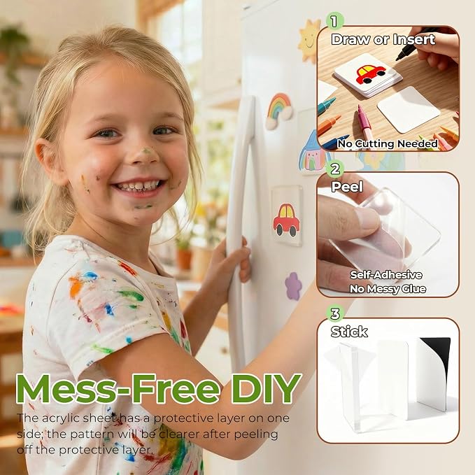 6 Pack 2x2 Square Clear Acrylic Fridge Magnets - DIY Magnetic Photo Frames with Adhesive Backing. Easy Craft Kit with Blank Cards & Storage Box for Personalized Home Decor, Gifts & Art. - Image 3