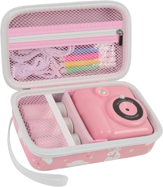 Kids Film Camera Case, Travel Storage Bag for Girls Boys | for ESOXOFFORE for Dylanto for Anchioo for WEEFUN for GKTZ for Amzelas for Mafiti, Mesh Pocket, Wrist Strap, Pink Rabbit by Grapsa