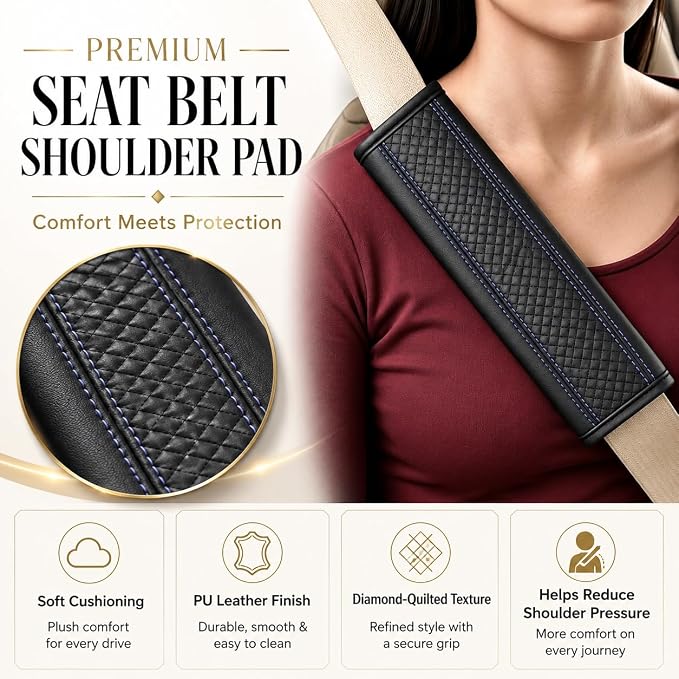 Seat Belt Pads Leather Seat Belt Covers More Comfort Driving Cushion Helps Protect Your Neck and Shoulders Suit for Car, Truck, SUV, Airplane,Camera Backpack Straps Black+Blue-2Pcs - Image 4