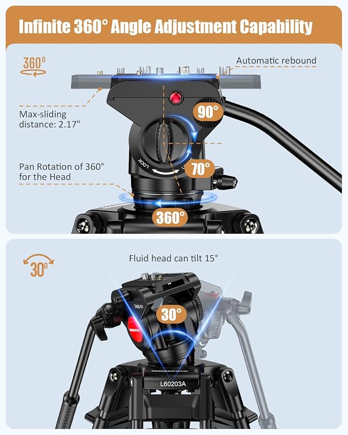 CAMBOFOTO 74"/190cm Video Tripod, Heavy Duty Tripod for Camera, Fluid Head | Professional Tripod with 2 Quick Release Plates(3/8" & 1/4"), Smooth Friction Damping for DSLR Camcorder Telescope, 20lb Load - Image 5