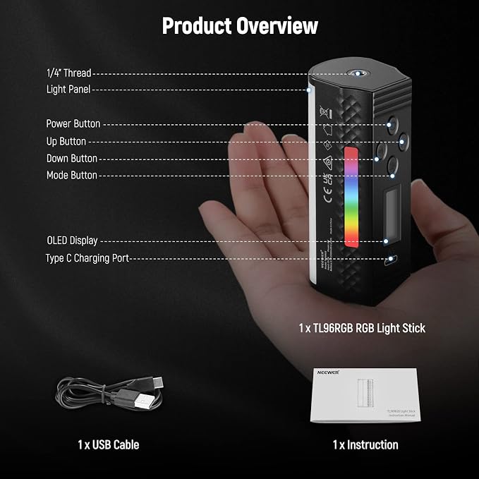 NEEWER Basic Magnetic Handheld Light Wand, 360° Full RGB Mini LED Video Light Stick, 2500mAh Battery, 2500-8500K Dimmable Camera Tube Light for Studio Photography TikTok YouTube Vlog, TL96RGB - Image 8
