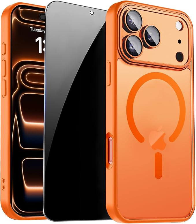 Magnetic for iPhone 17 Pro Max Case, Shockproof Cover, Orange | Full Camera Protector, with Privacy Screen Protector, Compatible with MagSafe, Translucent Matte, Military-Grade Protection by ZOZDOKG