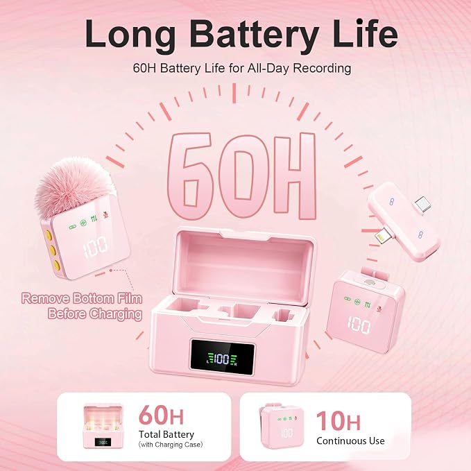 2 Mini Wireless Lavalier Microphones for iPhone & Android, Noise Cancelling, Plug & Play, 60H Battery with Charging Case, Portable Lapel Mic for Content Creators, Podcast, Streaming (Pink) - Image 5