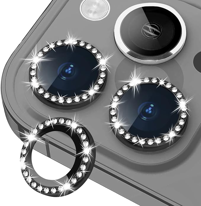 iPhone 13 Pro/13 Pro Max Camera Lens Protector Bling Diamond, Black | Individual Metal, 9H Hardness, Scratch Resistant, Shockproof, Drop Protection, Case Friendly, Stylish Accessories by Xfilm