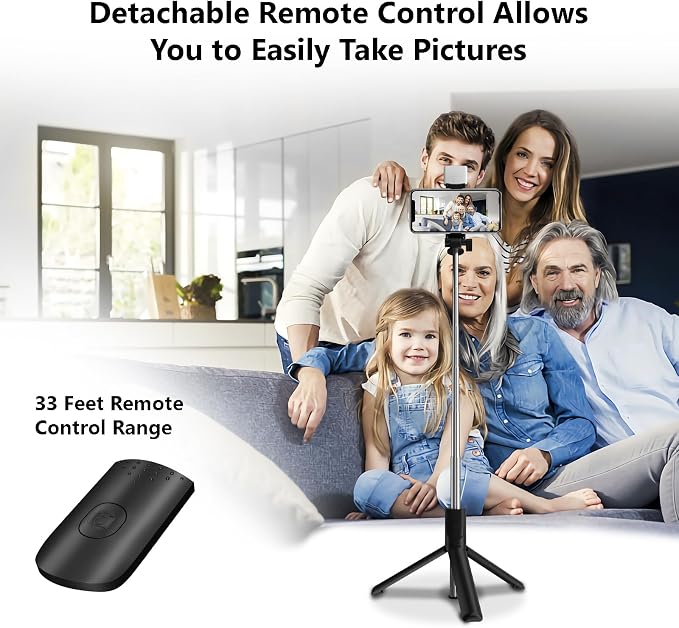 Selfie Stick, 40 in Retractable Phone Tripod with Wireless Remote Control & Light, Portable Selfie Stick Tripod for Photograph, Live Streaming, Video Recording, Compatible with All Cellphones - Image 4
