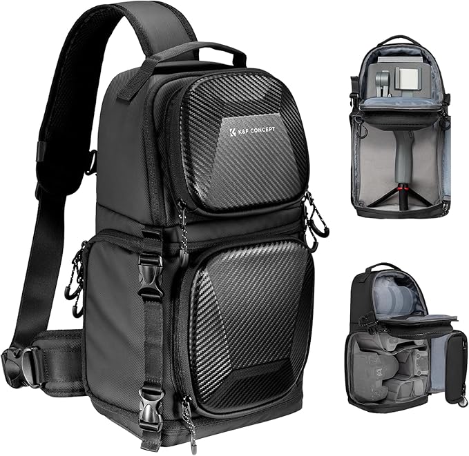 K&F CONCEPT Hardshell Camera Sling Bag, 10L EVA Case with Tripod Holder | EVA hardshell Camera Sling. Fits Mirrorless & Small DSLR. 5 Padded Dividers. Strap 33-43.7 in. Water & shock proof. by KFCONCEPT