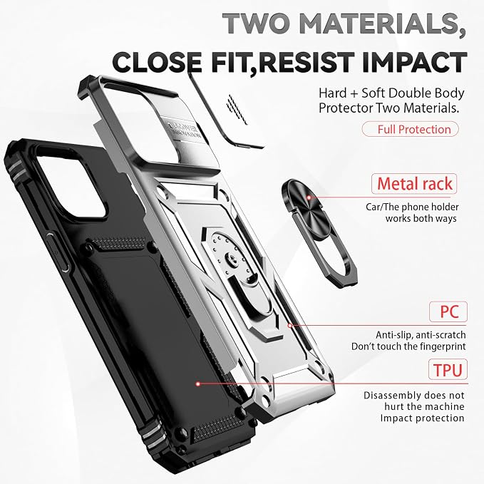 HNHYGETE for iPhone 15 Pro Case with HD Screen Protector: [Military Grade 20ft. Drop Tested] Slide Camera Cover Ring Shockproof Protective Phone Case for - iPhone 15 Pro (Silver) - Image 5