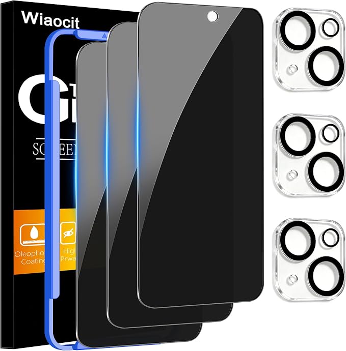 Wiaocit Tempered Glass Privacy Screen Protector for iPhone 15 | 3+3 Pack, 9H Hardness, Camera Lens Protector, Installation Frame, Bubble Free, Case Friendly by Wiaocit