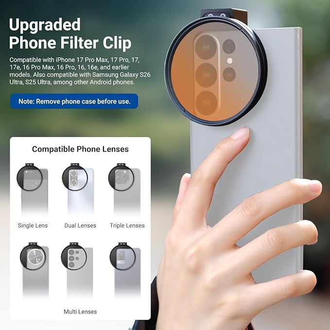 NEEWER Clip On 67mm Phone ND Filter Kit with Cold Shoe Lens Clip, CPL/ND32/6 Point Star/4 Graduated Color Filter Compatible with iPhone 17 16 16e 15 Android Samsung Galaxy S25 Ultra S24 - Image 2