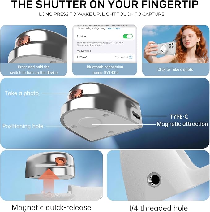 Magnetic Phone Camera Grip, Shutter Grip Handle Holder for iPhone/Android with Detachable Wireless Shutter Remote and Convenient Keychain Hook - Image 4