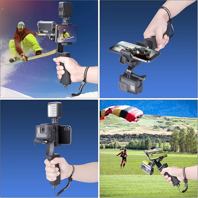 2in1 Ergonomic Portable Action Camera+Smartphone SYN Hand Grip Stabilizer Combo Mount Video Vlogging Rig Holder Kit for GoPro iPhone Interview Travel YouTube Tiktok Streaming-Mic+Light Adapter - Image 2