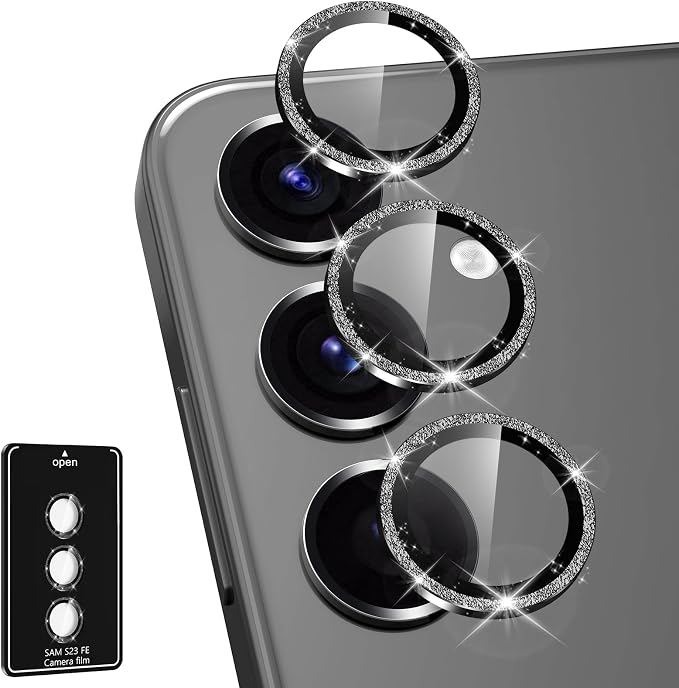 for Samsung Galaxy S23 FE Camera Lens Protector, Individual Metal Ring Tempered Glass Lens Cover, [Strong Adsorption] Scratch Resistant Ultra-Thin HD Clear Lens Cover, 1 Set-Black Sparkly by Btscase