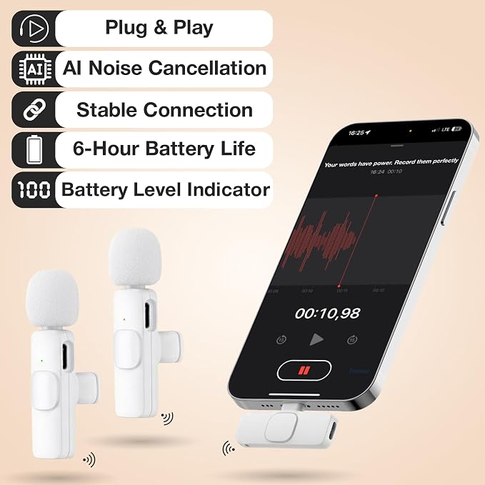 Wireless Lavalier Microphone for iPhone & Android, 2 Pack White Mini Mic, USB-C/Lightning Clip-On Microphone, AI Noise Cancellation, 70FT Range for TikTok YouTube Podcast Vlog - Image 6