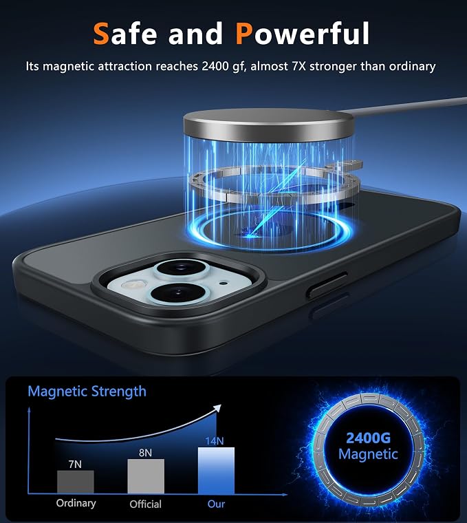 FNTCASE for iPhone 15/14/13 Case, Fit for Magsafe, Translucent Matte Back | Magnetic Phone Cases, 14FT Military Grade Drop Protection, Shockproof Bumper, Slim Protective Cover, Black - Image 3