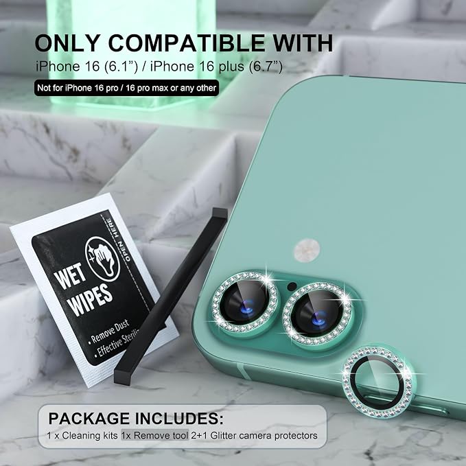 Choiche for iPhone 16/16 Plus Camera Lens Protector Bling, Diamond-Teal | Ultra HD, 9H Tempered Glass Camera Cover Screen Protector Metal Individual Ring Decoration Accessories, 2-Lens, 6.1/6.7-inch - Image 2