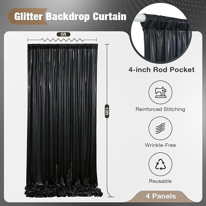 20x10FT Black Sequin Backdrop Curtain for Party - 4 Panels 5x10FT Wrinkle-Free Shimmer Drapes for Birthday, Wedding, Christmas, Decorations & Photography - Image 6