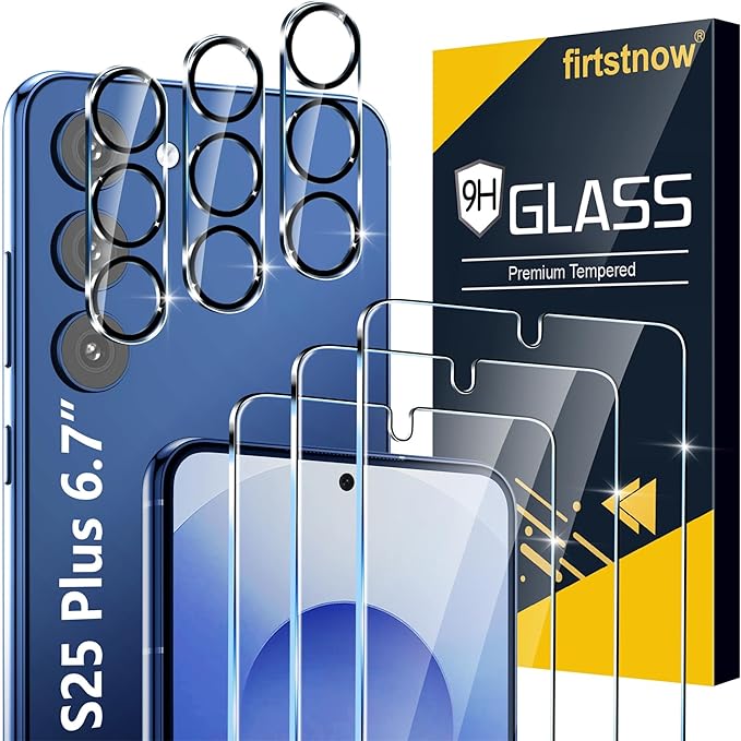 firtstnow 3 Pack for Samsung Galaxy S25 Plus Screen Protector Tempered Glass + 3 Pack Camera Lens Protector, Military Grade Shatterproof, 9H Hardness, Fingerprint Unlock, Case Friendly 6.7 Inch by Unknown