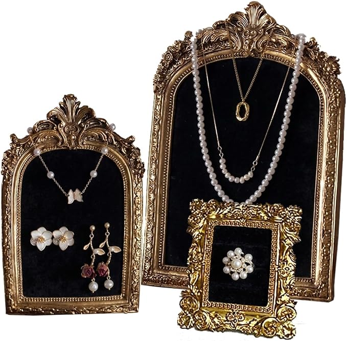 3 Pcs Jewelry Display Stand Organizer, Gold Vintage Ring Holder, Resin Necklace Holder Organizer, Photo Frame Earring Holder, Jewelry Holder for Wedding, Selling, Room Decor (Black) by MAYTOPIA