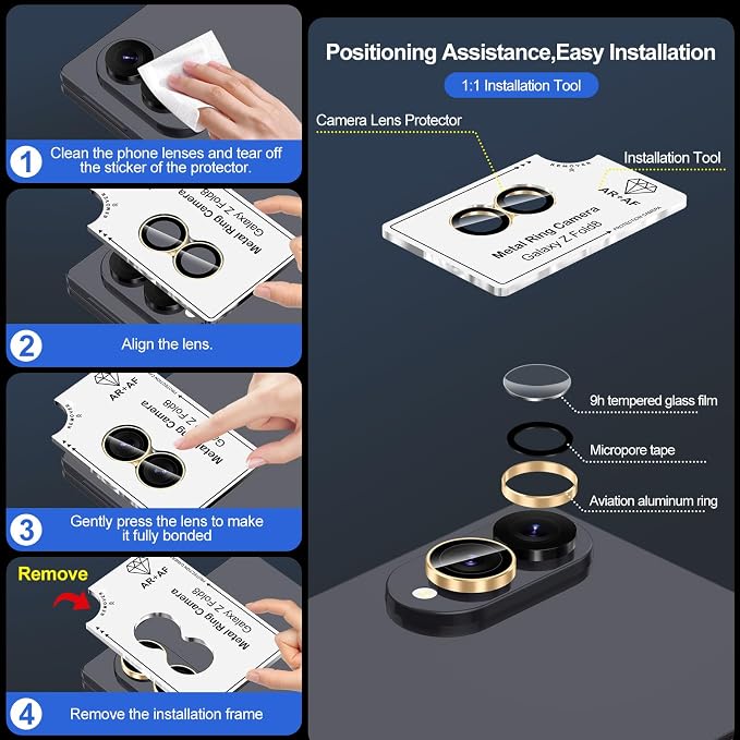 for Samsung Galaxy Z Fold 8 Camera Lens Protector, Individual Metal Ring Tempered Glass Lens Cover, [Strong Adsorption] Scratch Resistant Ultra-Thin HD Clear Lens Cover, 1 Set-Gold Ring - Image 7