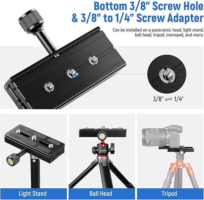 NEEWER Quick Release Plate with Clamp Adapter Set, 120mm QR Plate with Clamp, 3/8"&1/4" Screw, Bubble Level, 3/8” to 1/4” Screw Adapter, Compatible with Arca Swiss Tripod Monopod Ball Head - Image 5