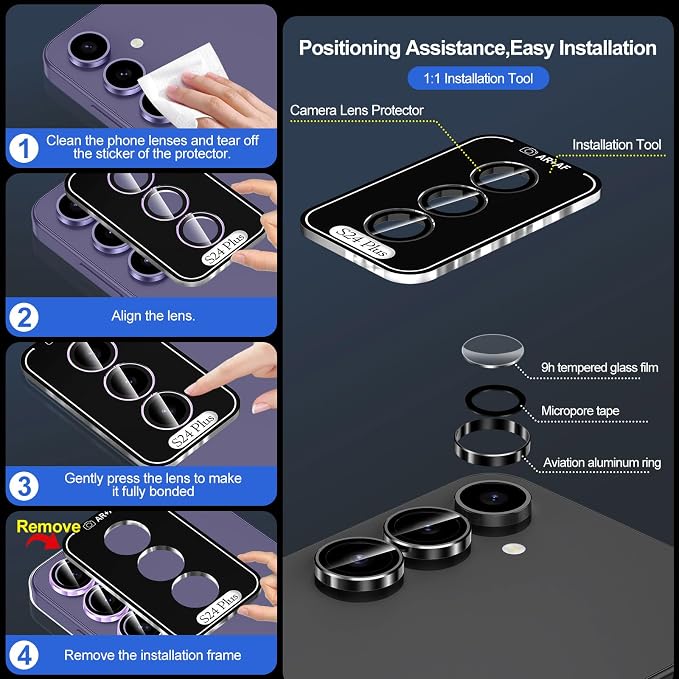 for Samsung Galaxy S24 Plus Camera Lens Protector, Individual Metal Ring Tempered Glass Lens Cover, [Strong Adsorption] Scratch Resistant Ultra-Thin HD Clear Lens Cover, 1 Set-Black Ring - Image 6