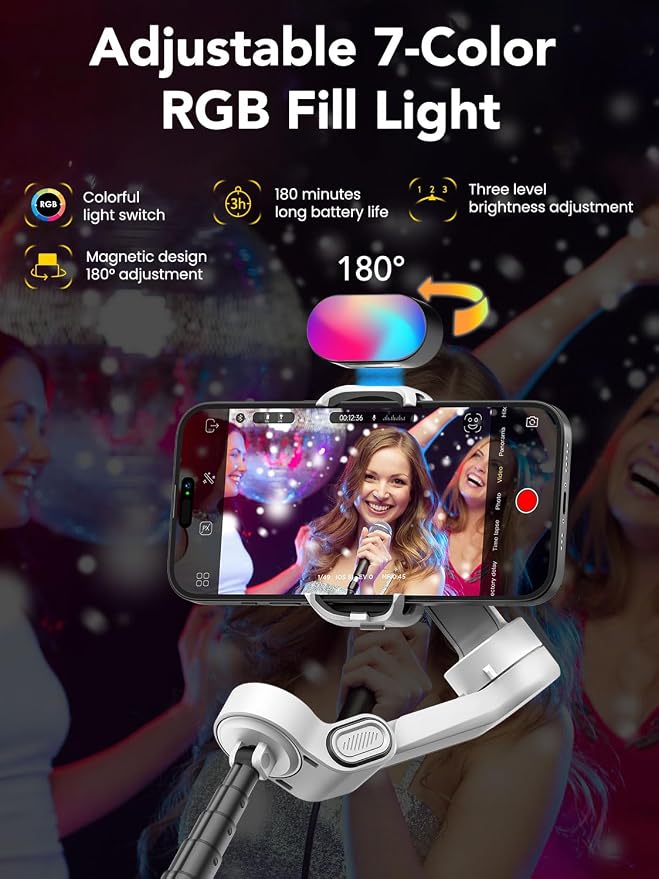 AOCHUAN Smart X2 3-Axis Gimbal Stabilizer for Smartphone with Adjustable RGB Fill Light, Built-in 20cm Extension Pole Selfie Stick, OLED Screen for Night Shots, Video Recording,X2 KIT White - Image 2