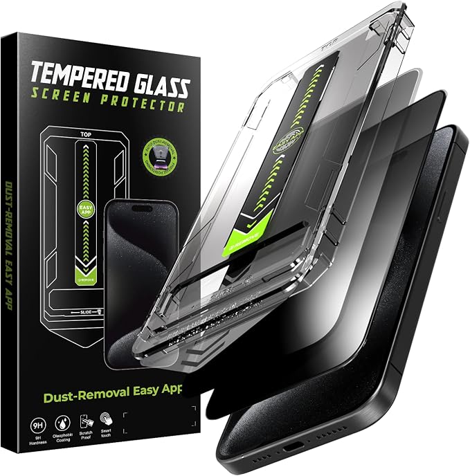2 Pcs Privacy Screen Protector for iPhone 15 Pro 6.1" | Tempered Glass, Auto Dust-Elimination Installation, 9H Hardness, Bubble Free, Easy Installation, Anti-Spy, Case Friendly by BIGFLYANTS
