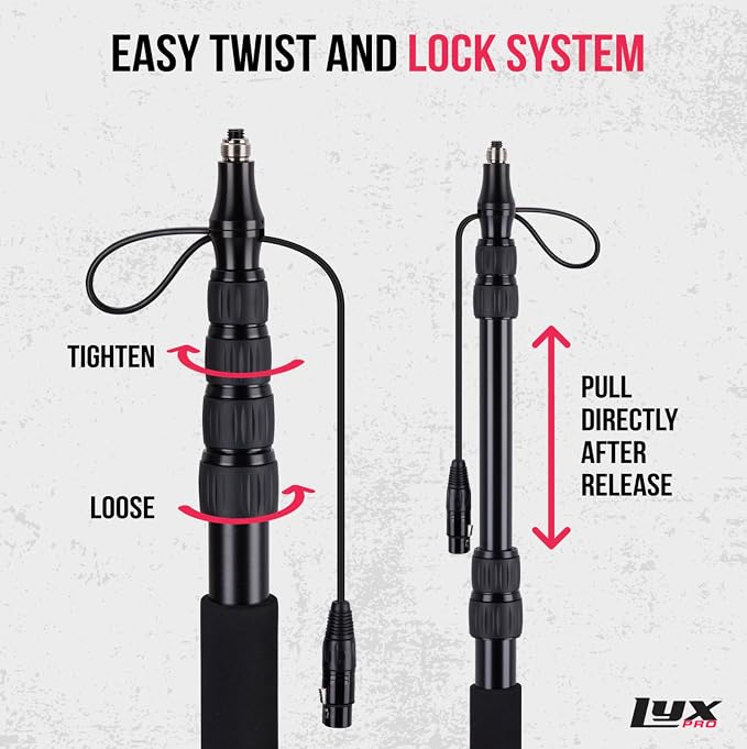 LyxPro Portable Mic Boom Pole Arm 5 Section Stretchable Padded Handheld Telescopic Aluminum Adjustable With Built In Internal XLR Cable Shotgun Zoom Microphones, Fish Pole extends 2.4’ - 9.25’ MPL-20 - Image 3