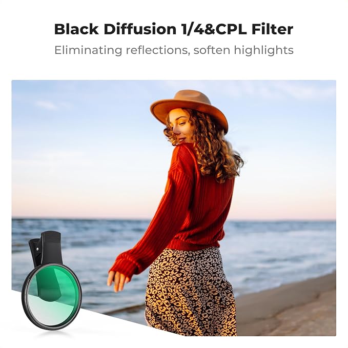 K&F CONCEPT 67mm Clip-on Black Diffusion 1/4 CPL Phone Lens Filter Kit | Mist Cinematic Effect Filter Compatible with iPhone 16 15 14 13 12 11, for Video/Vlog/Portrait Photography, FP101 - Image 3