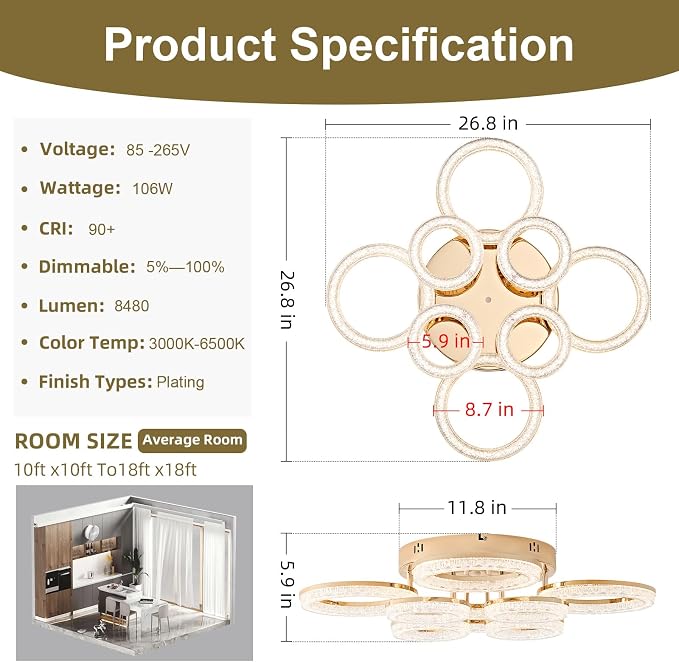 Modern Ceiling Light, 8 Rings 26.8'' Dimmable LED 106W Flush Mount Ceiling Lights with Remote Acrylic Crystal Round Ceiling Light Fixture, Bedroom Living Room Dining Room, Gold - Image 3
