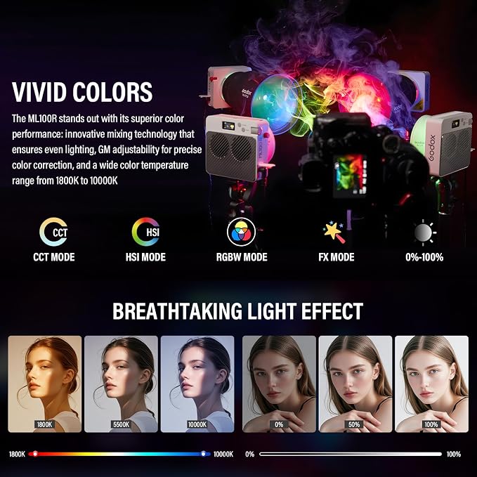 Godox ML100R RGB LED Video Light with 25600mAh Grip 110W Full-Color | Portable Video Light 1800K-10000K CRI 97+/TLCI 98+, 14 FX Effects APP Control for Streaming/Outdoor Photography - Image 2