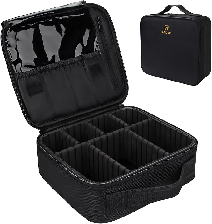 Relavel Travel Makeup Train Case Makeup Cosmetic Case Organizer Portable Artist Storage Bag with Adjustable Dividers for Cosmetics Makeup Brushes Toiletry Jewelry Digital Accessories Black by Relavel