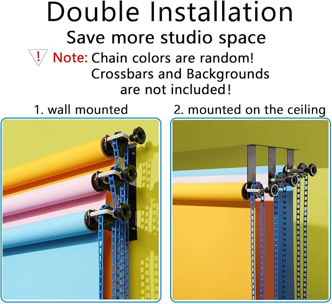 Photography Backdrop Wall Mount 3 Roller Support System | Manual Photo Background Ceiling Holder, Including 2 Tri-fold Hooks, 6 Expand Bars, 3 Chains, for Home Studio Game Video - Image 2