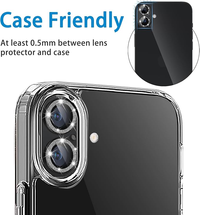 Designed for iPhone 16 and 16 Plus Camera Lens Protector, Bling Glitter Diamond Lens Cover 9H Tempered Glass Camera Cover Anti Scratch Shockproof Screen Protector - Image 5