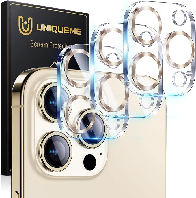 UniqueMe for 3 Pack iPhone 15 Pro/15 Pro Max Camera Lens Protector-Gold | Drop Protection, Case Friendly, 9H Tempered Glass, Camera Cover Screen, 2023 New Version by UniqueMe