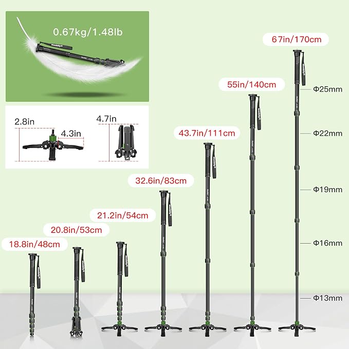 Camera Monopod with Feet, Aluminum Portable Travel Monopod with Removable Tripod Stand Base for DSLR Canon Nikon Sony Video Camcorder (Green) - Image 5