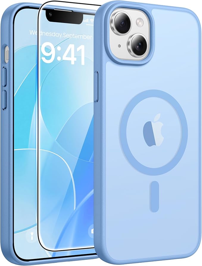 FNTCASE for iPhone 15/14 Plus Case, Fit for Magsafe, Screen Protector | Translucent Matte Magnetic Back, 14FT Military Grade Drop Protection, Shockproof Protective Phone Cover, Light Blue by FNTCASE