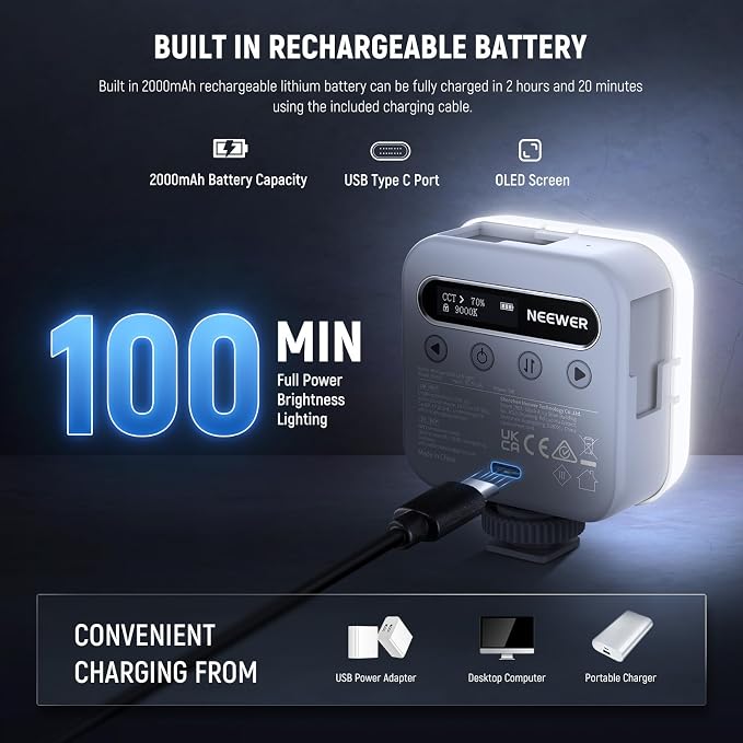 NEEWER Basics Magnetic RGB Video Light, 360° Full RGB Camera Light, BL60C | Mini LED, CRI96+ 2500-9000K 18 Scenes, 3 Cold Shoes, 1/4", 2000mAh Rechargeable, Portable, Selfie Tripod Photography Lighting - Image 8