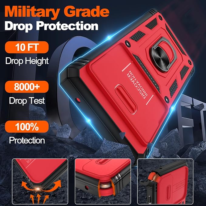 Gritup Phone Case for Google Pixel 7A Case with Slide Camera Cover | 2 Pack Screen Protector, Build in 360° Rotating Ring Kickstand, Military Grade Shockproof Protective Red+Black - Image 3