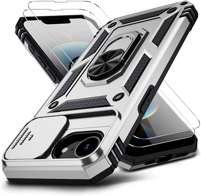 for iPhone 17e Case & iPhone 16e Case with 2X HD Screen Protector & Slide Camera Cover & Rotated Ring Kickstand, Rugged Heavy Duty Protective Phone Case for iPhone 17e/16e 6.1", Silver by Muntinfe