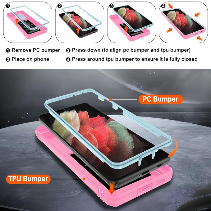 Gritup for Samsung Galaxy S21 Ultra Phone Case: Case S21 Ultra with 2*Screen Protector | Magnetic Stand & Slide Camera Cover | Shock Proof Military-Grade Funda para S21Ultra Cover, Green+Pink - Image 4